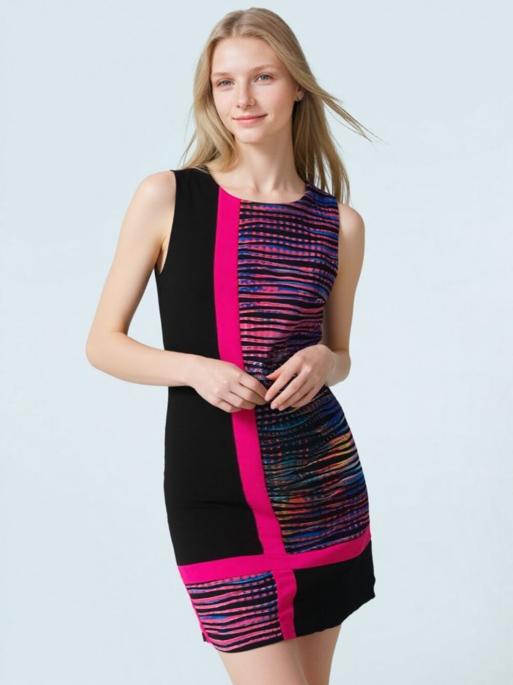 Joseph Ribkoff Black Sleeveless Dress with Graphic Design and Wave Panel